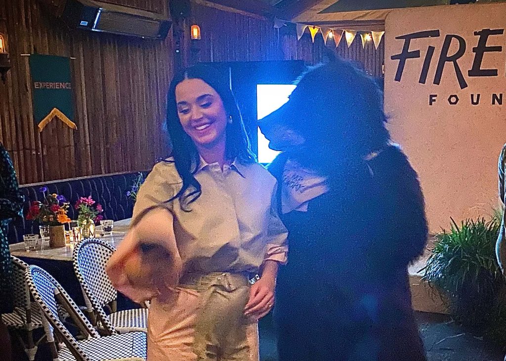 Hollywood Bear stands beside Katy Perry at a Firework Foundation event.